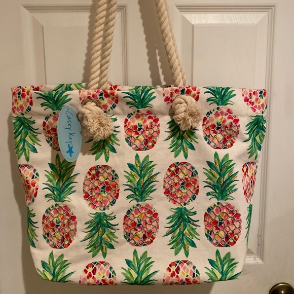 Pineapple Tote, Large Pineapple Beaded Canvas Tote With Large Rope Handles - Picture 2 of 16